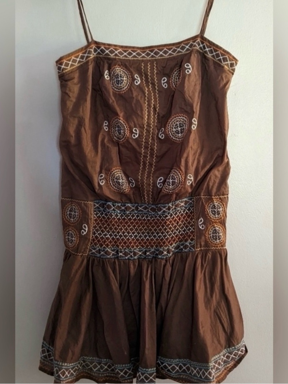 BCBGMaxAzria Brown Embroidered Spaghetti Strap Mini Dress